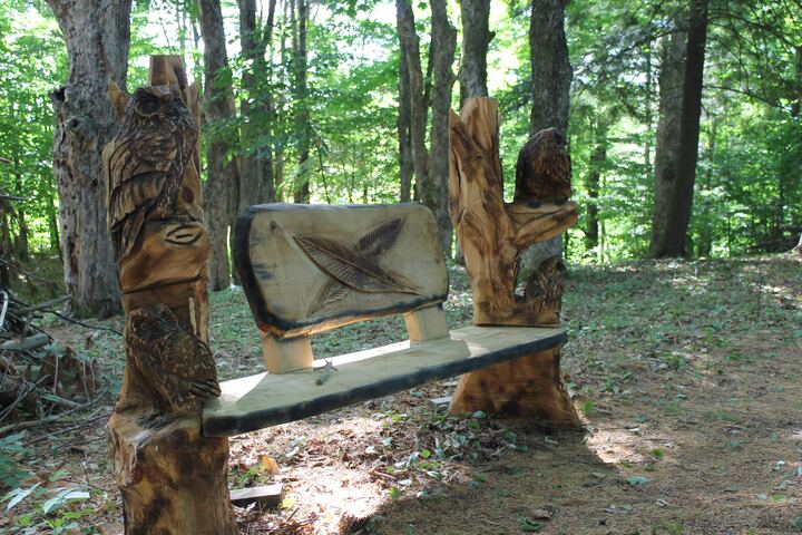 Hand-carved wooden bench beside a wooded fairway